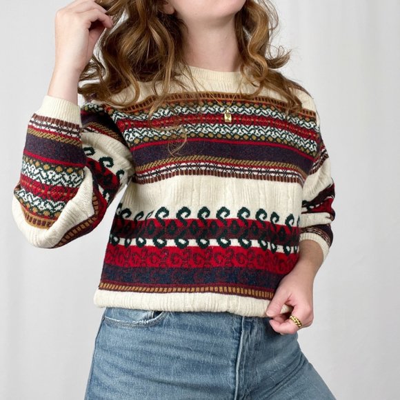 Vintage Wool Fair Isle Cable Knit Sweater Made In Scotland Oversized Grandpa - Picture 4 of 8